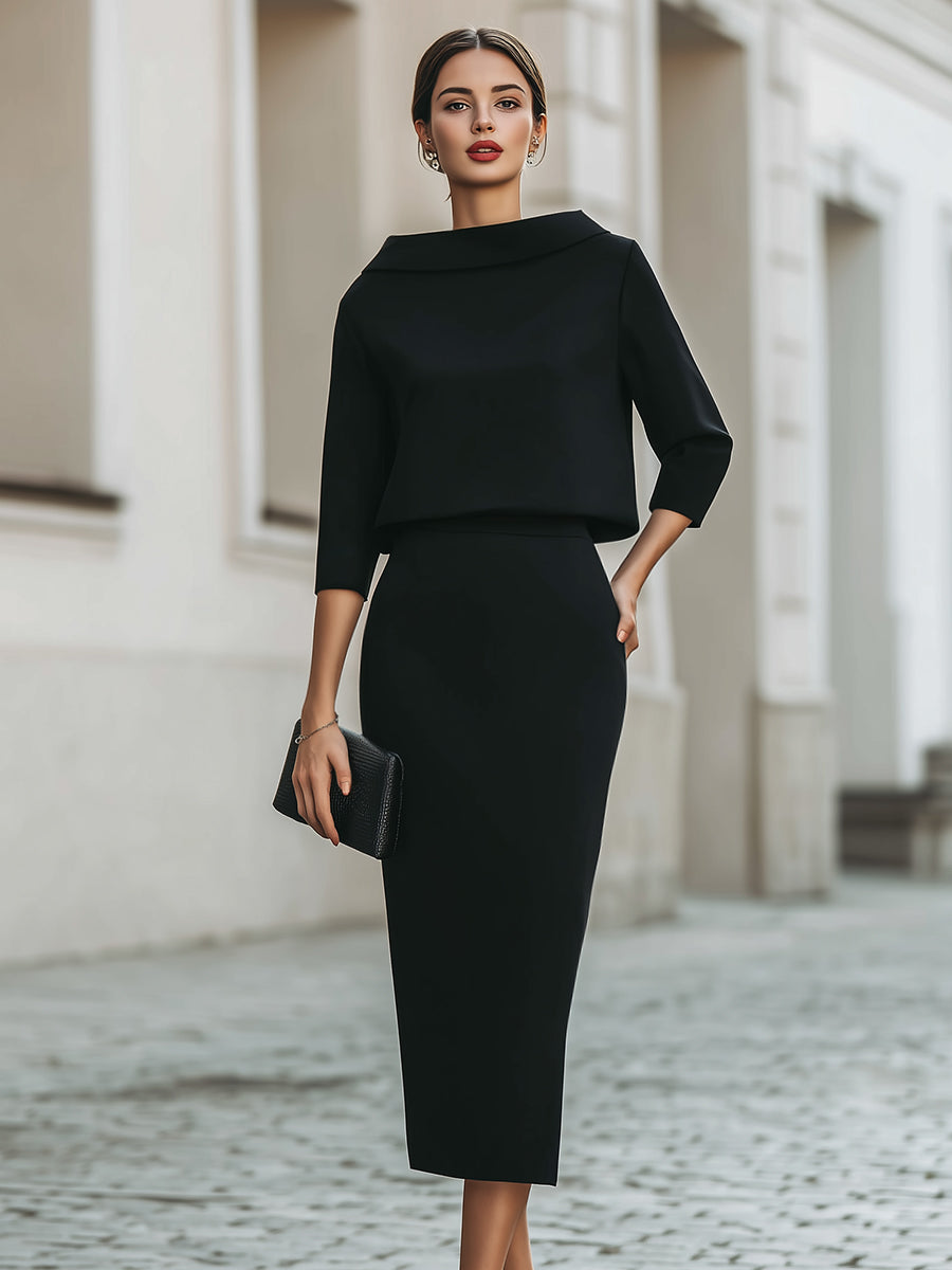 Boat Neck Top High-Waist Midi Skirt Set