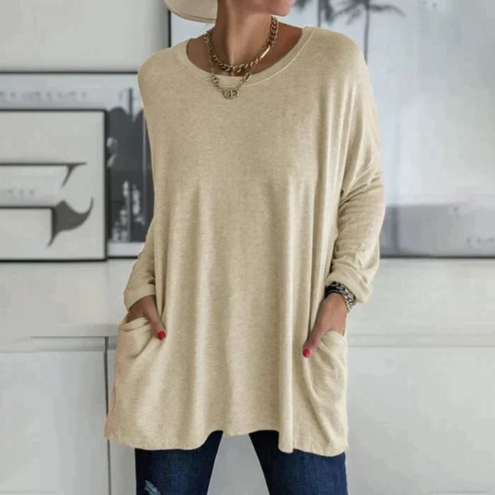 Casual oversized long sleeve tunic top with pockets in khaki
