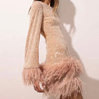 Sequin Mini Dress with Feather Hem Open Back
