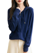 Women's warm merino wool zip up hooded cardigan with pockets