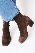 Women's faux suede block heel ankle boots in dark brown