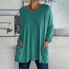 Casual oversized long sleeve tunic top with pockets in cyan blue