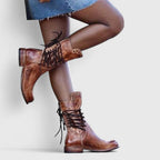 Studded lace-up mid-calf leather boots with block heel