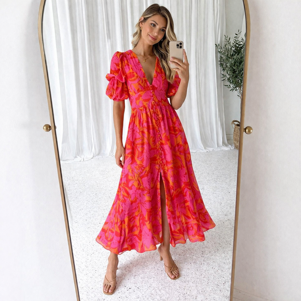 Floral Print Maxi Dress with Puff Sleeves