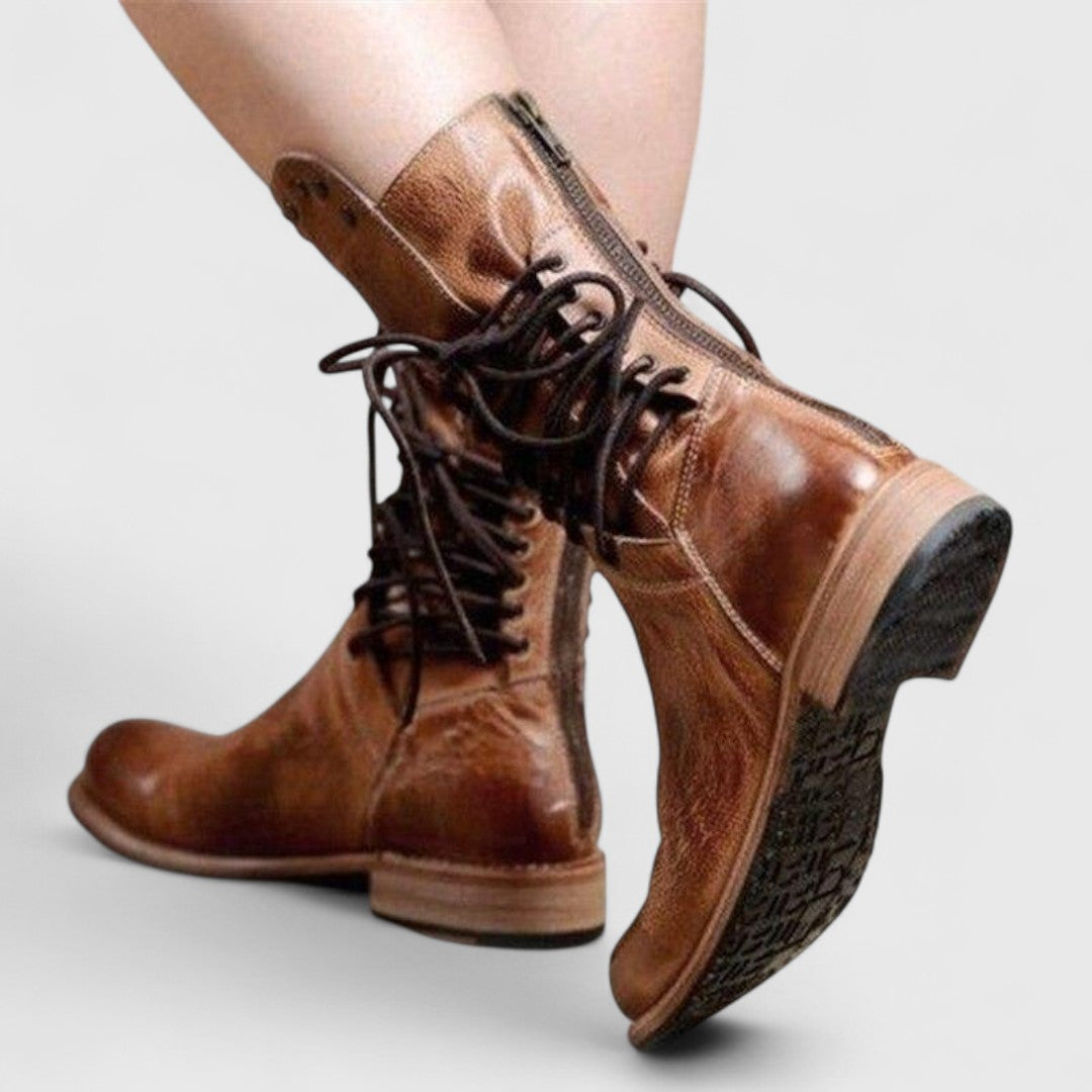 Studded lace-up mid-calf leather boots with block heel