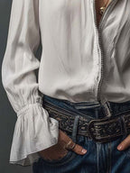 Zip-Front Blouse with Flounce Cuffs