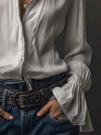 Zip-Front Blouse with Flounce Cuffs
