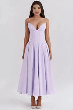 Strapless Boned Corset Midi Dress Voluminous Skirt