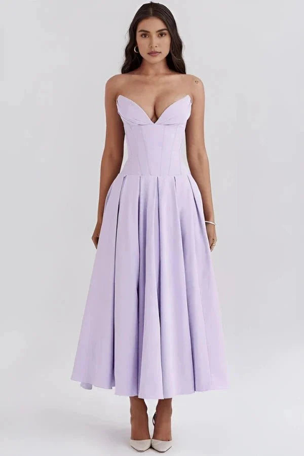Strapless Boned Corset Midi Dress Voluminous Skirt