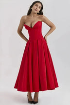 Strapless Boned Corset Midi Dress Voluminous Skirt