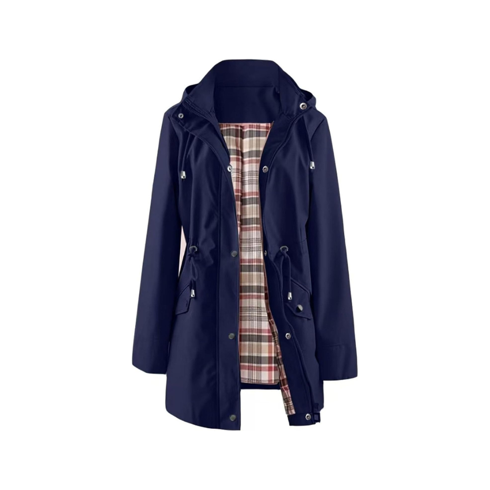 Women's waterproof hooded trench coat in navy blue