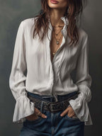Zip-Front Blouse with Flounce Cuffs