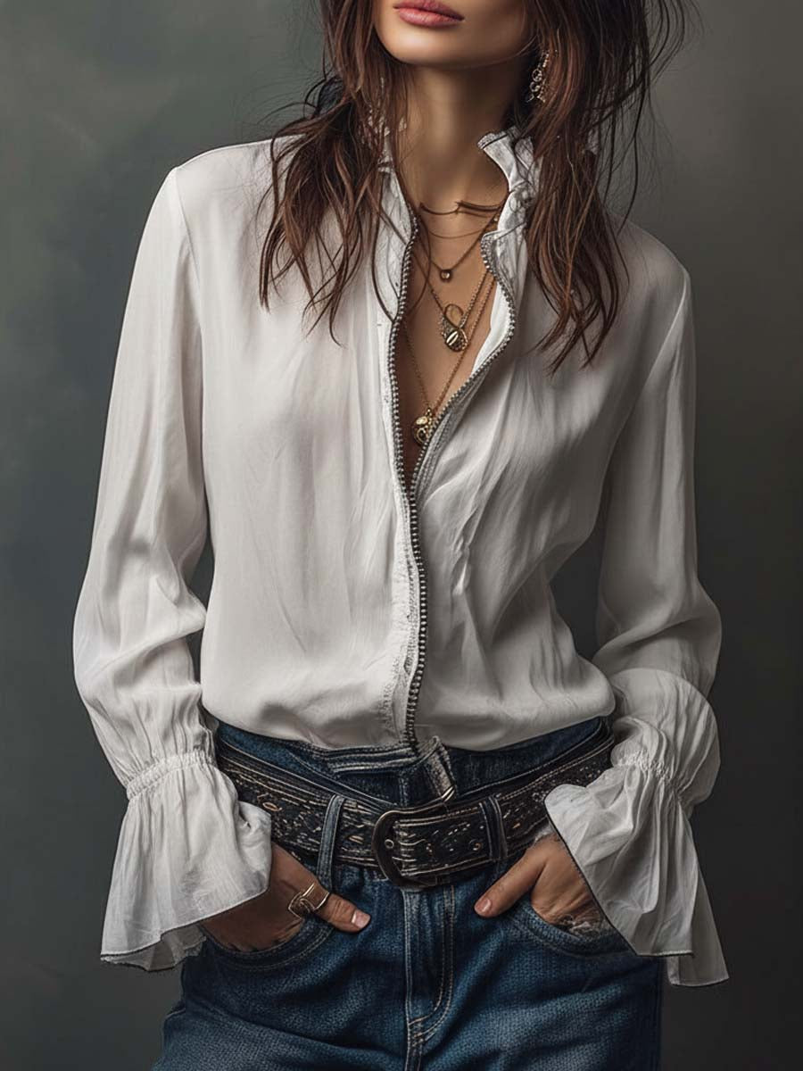 Zip-Front Blouse with Flounce Cuffs