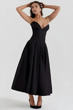 Strapless Boned Corset Midi Dress Voluminous Skirt