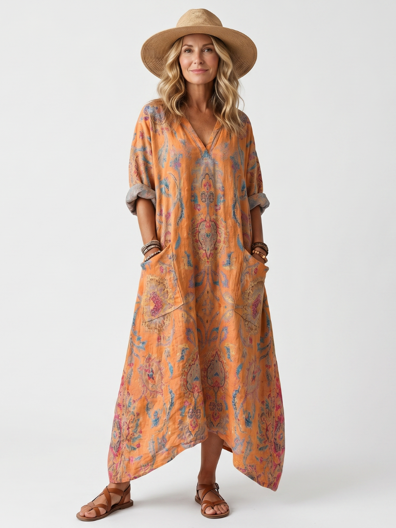Relaxed printed midi dress with pockets in orange