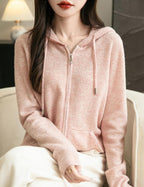 Women's warm merino wool zip up hooded cardigan with pockets