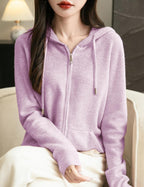 Women's warm merino wool zip up hooded cardigan with pockets