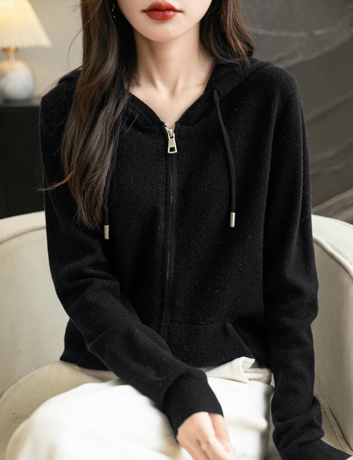Women's warm merino wool zip up hooded cardigan with pockets