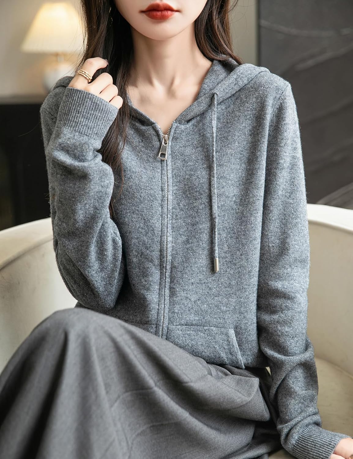 Women's warm merino wool zip up hooded cardigan with pockets