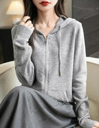 Women's warm merino wool zip up hooded cardigan with pockets