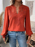 Women's elegant Swiss dot lace puff sleeve blouse in orange