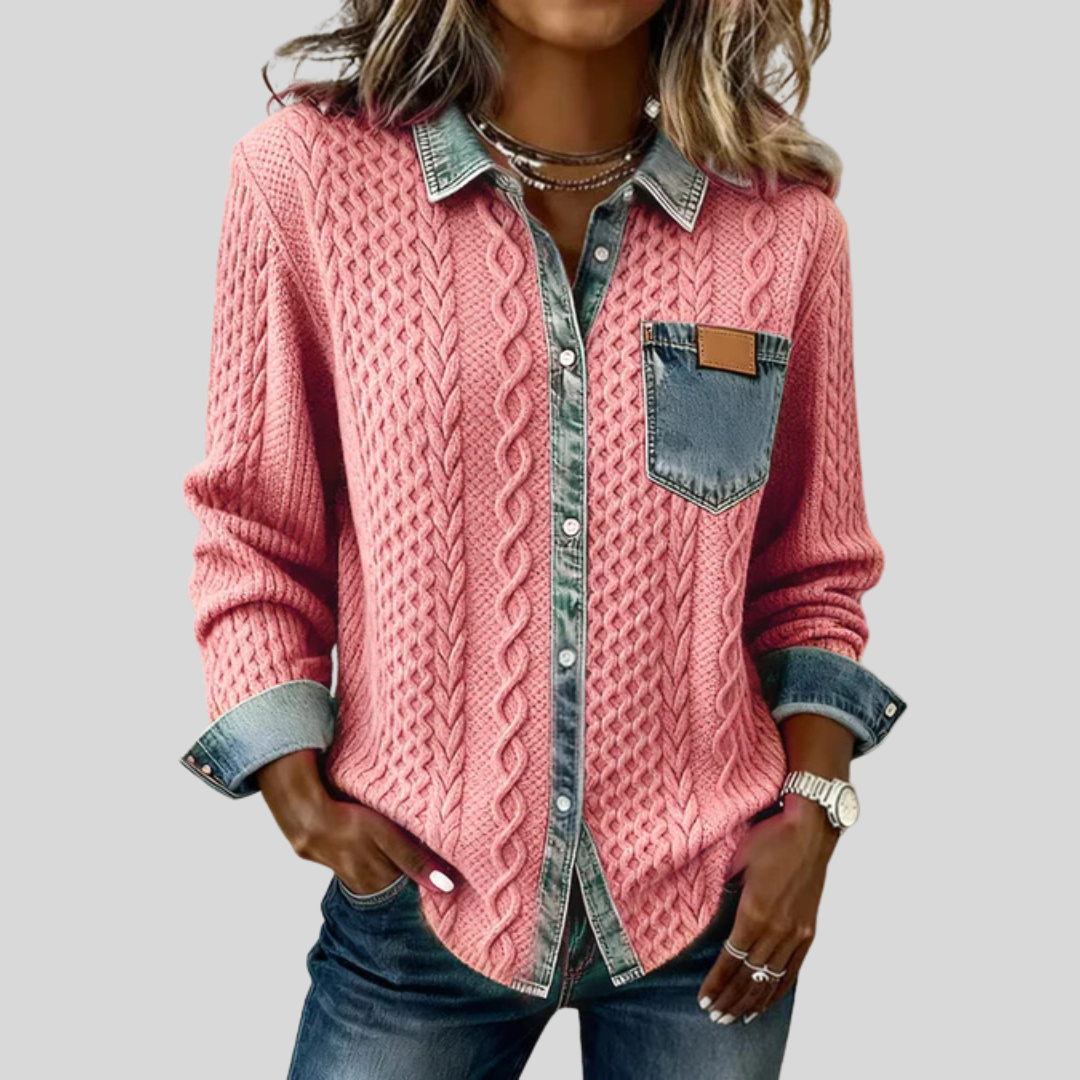 Long Sleeve Cable Knit Denim Patchwork Shirt