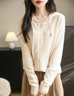 Women's warm merino wool zip up hooded cardigan with pockets