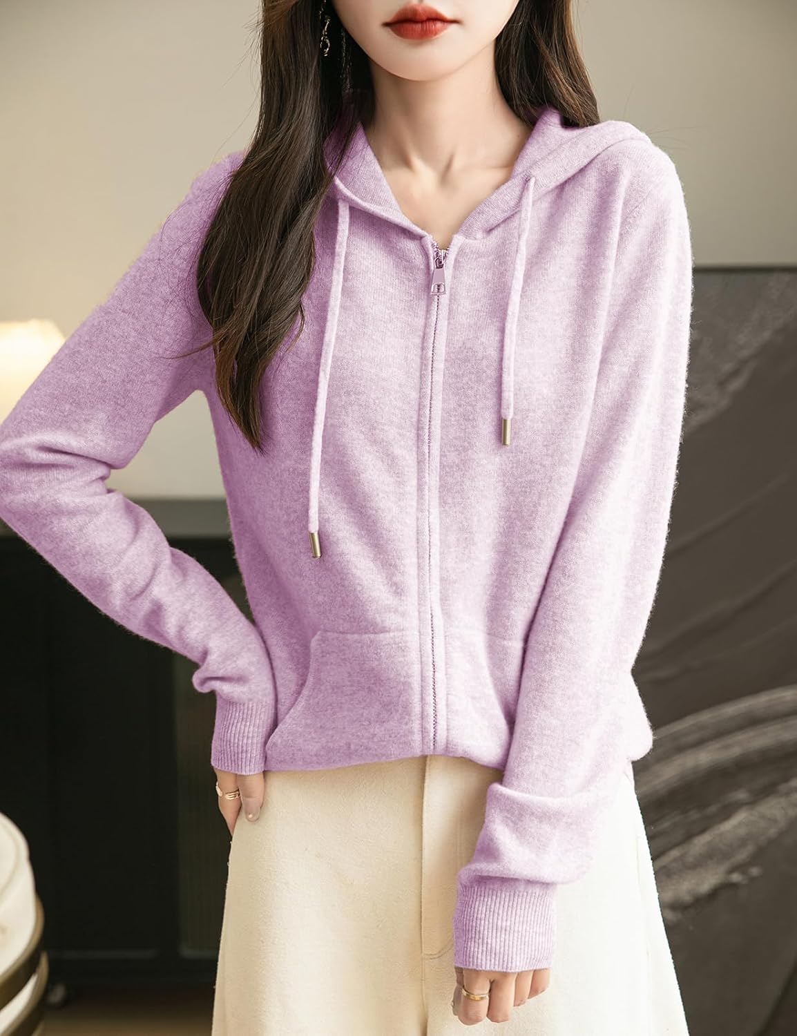 Women's warm merino wool zip up hooded cardigan with pockets