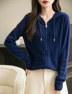 Women's warm merino wool zip up hooded cardigan with pockets