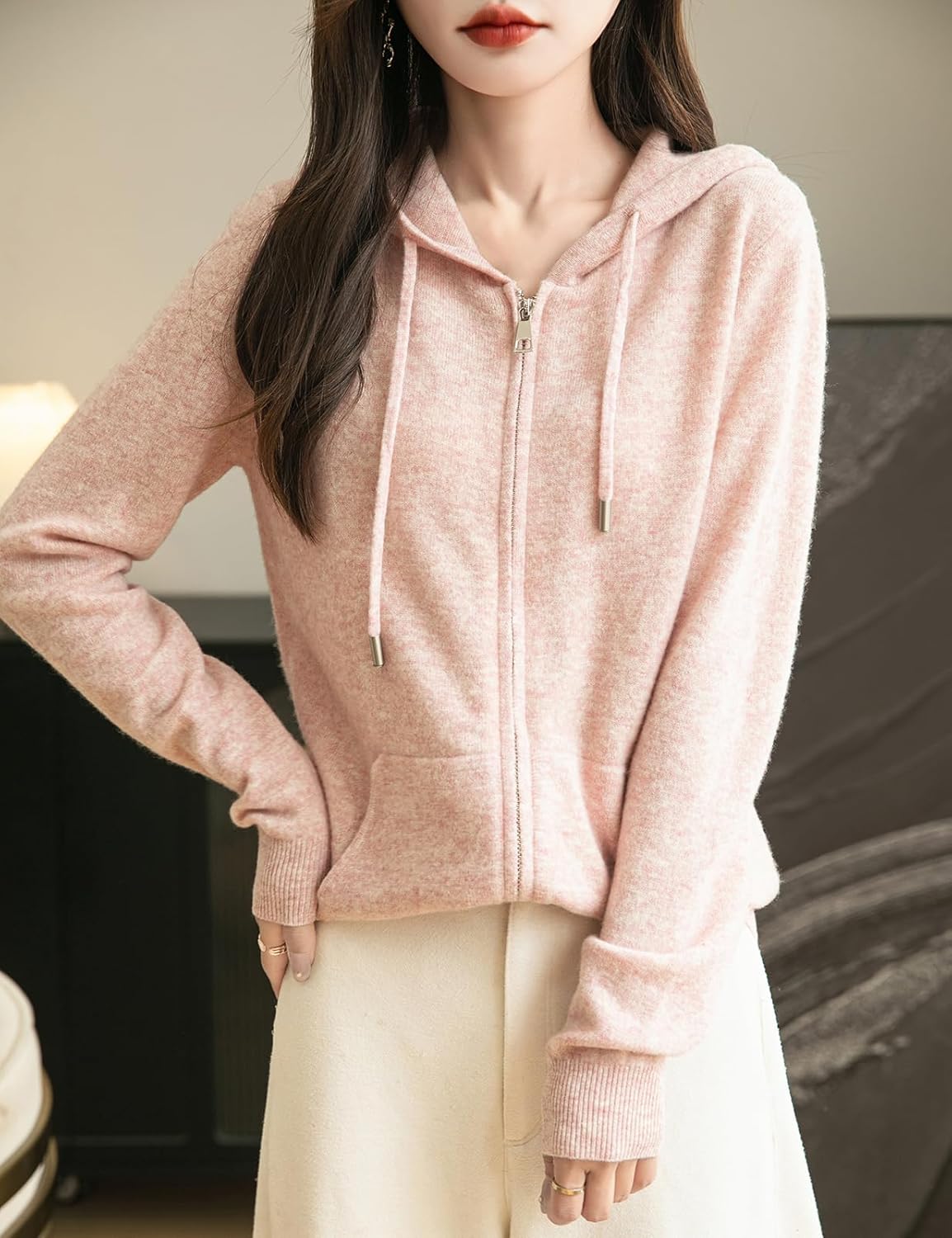 Women's warm merino wool zip up hooded cardigan with pockets in pink