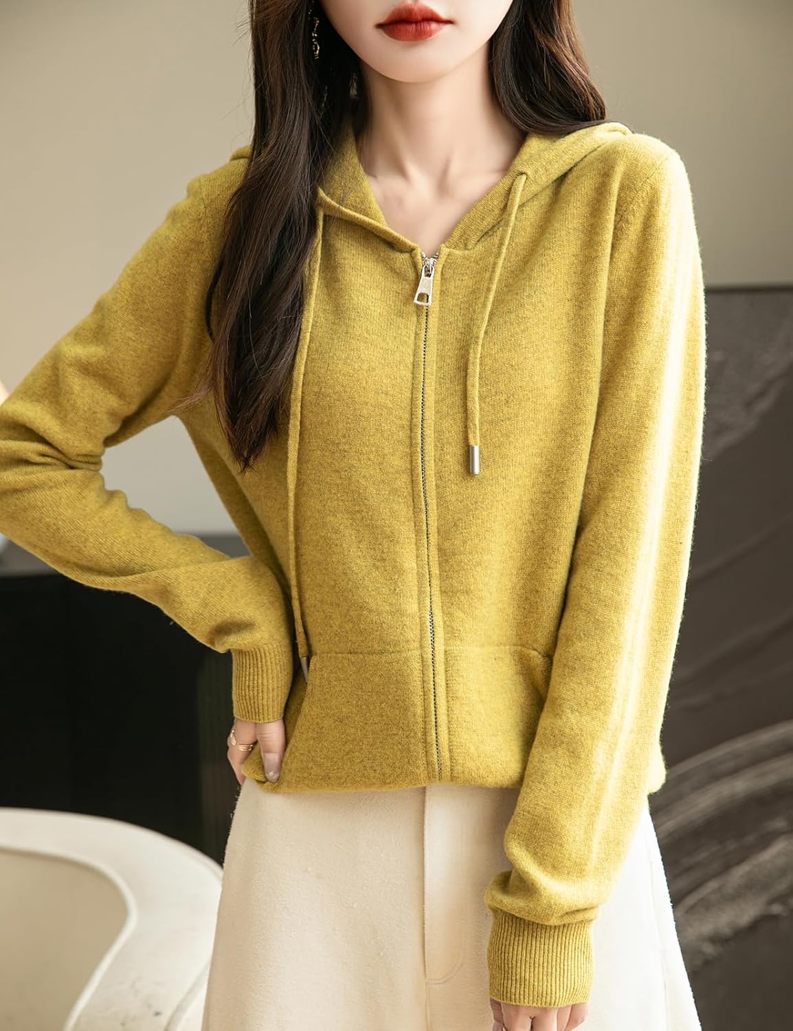 Women's warm merino wool zip up hooded cardigan with pockets