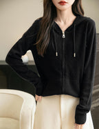 Women's warm merino wool zip up hooded cardigan with pockets