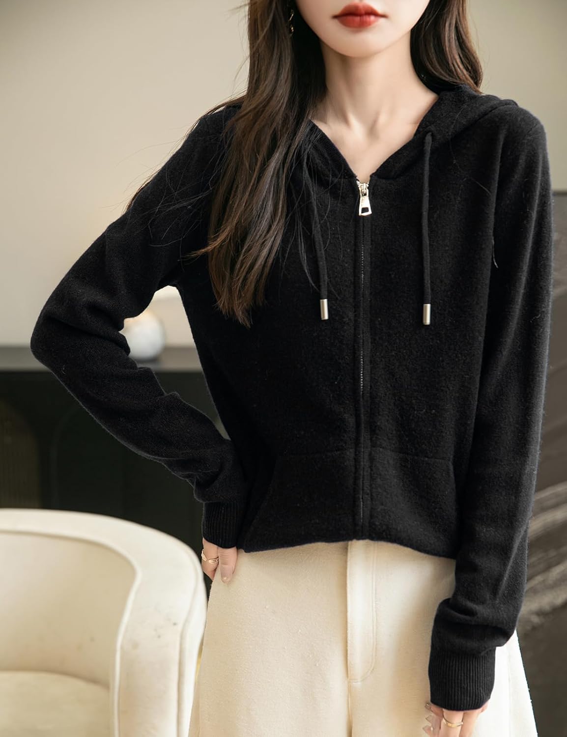 Women's warm merino wool zip up hooded cardigan with pockets