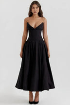 Strapless Boned Corset Midi Dress Voluminous Skirt