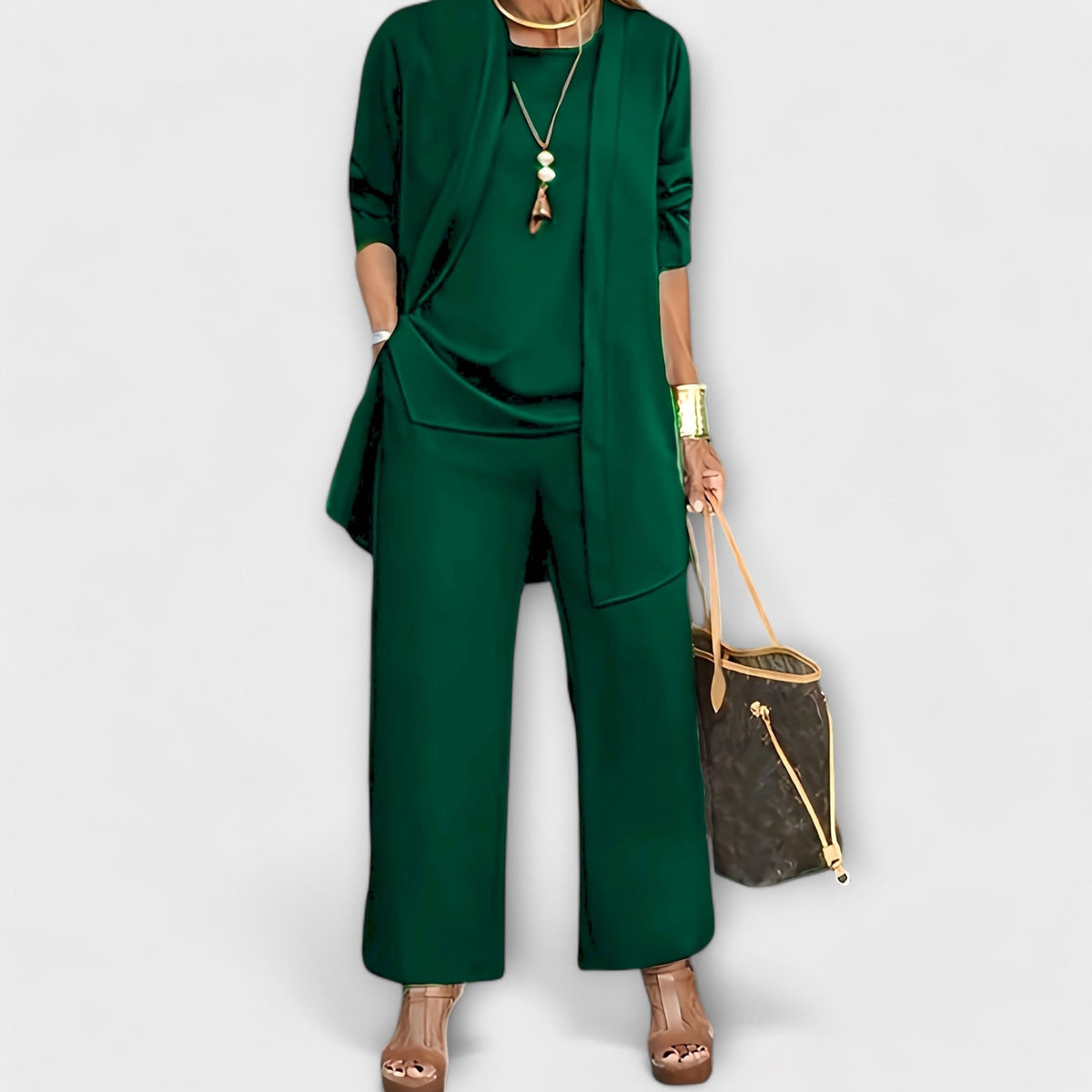Three-piece top and wide-leg pants set in green