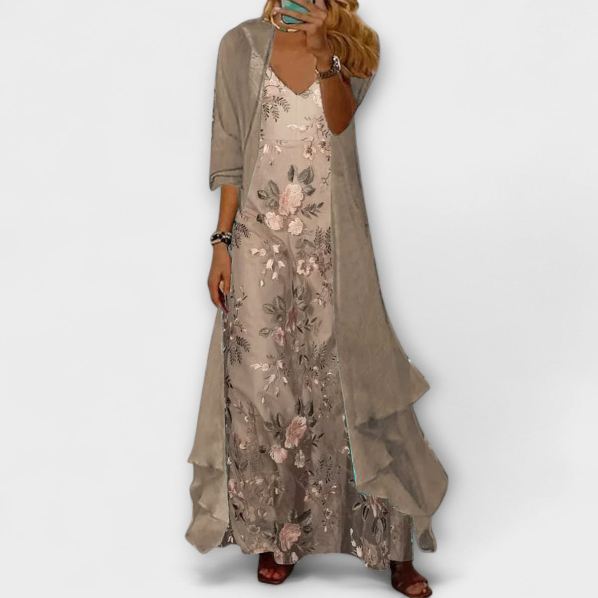 Women's Two-Piece Set Printed Maxi Dress with Jacket