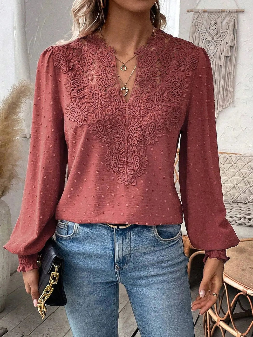 Women's elegant Swiss dot lace puff sleeve blouse in red