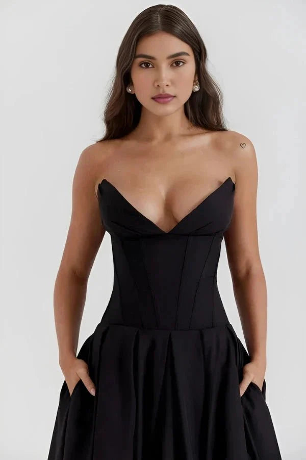 Strapless Boned Corset Midi Dress Voluminous Skirt
