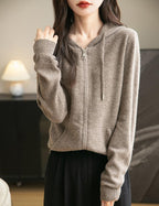 Women's warm merino wool zip up hooded cardigan with pockets
