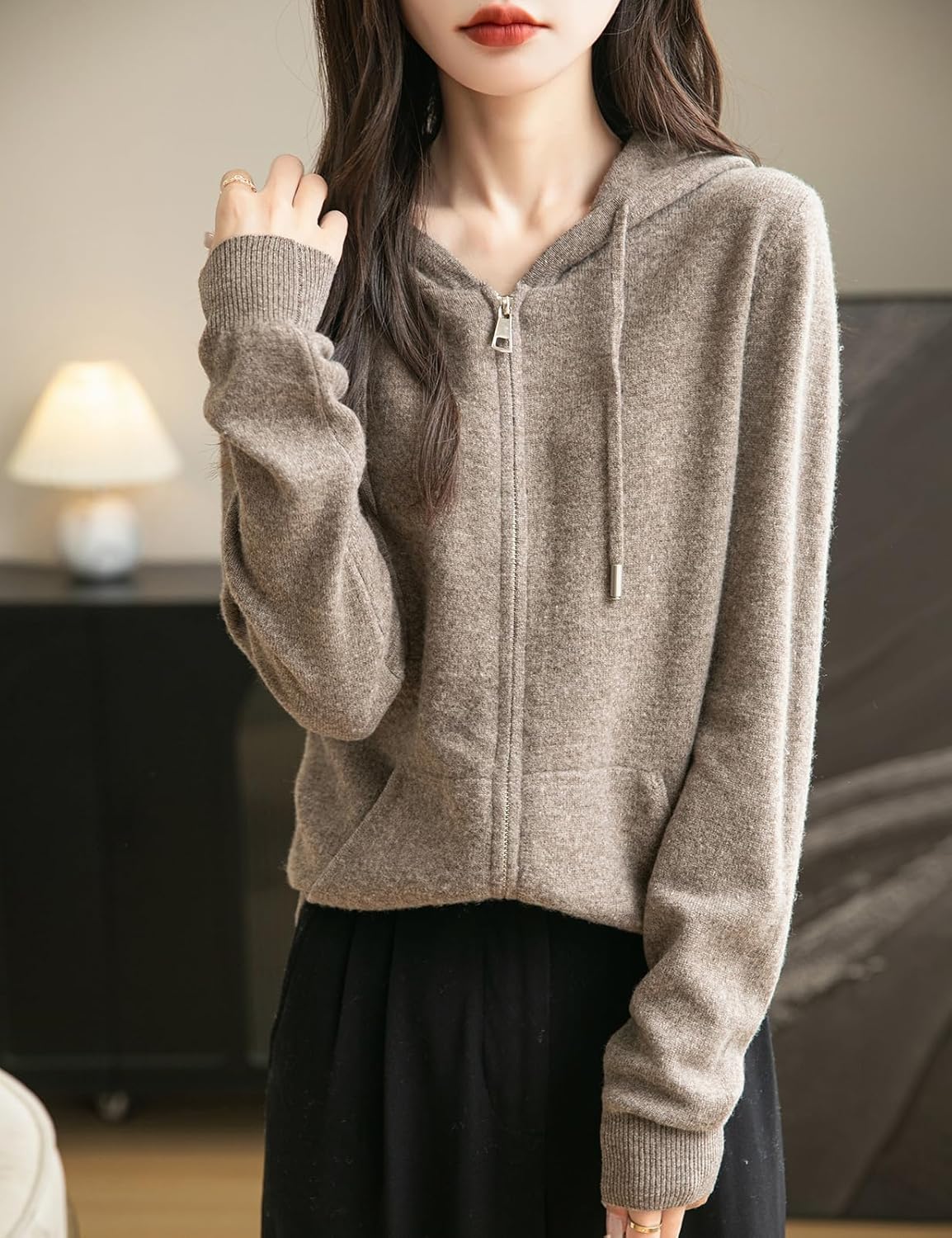 Women's warm merino wool zip up hooded cardigan with pockets