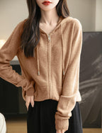 Women's warm merino wool zip up hooded cardigan with pockets