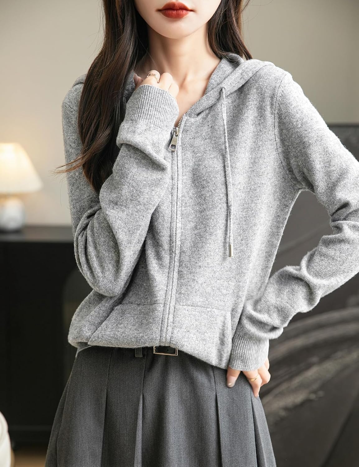 Women's warm merino wool zip up hooded cardigan with pockets