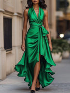 Satin Halter Gown with Ruffle Skirt