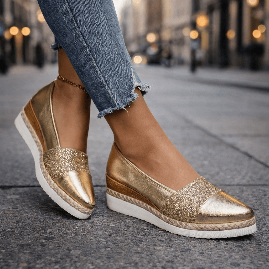 Women's glitter wedge slip on shoes easy on and off in gold