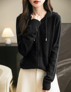 Women's warm merino wool zip up hooded cardigan with pockets