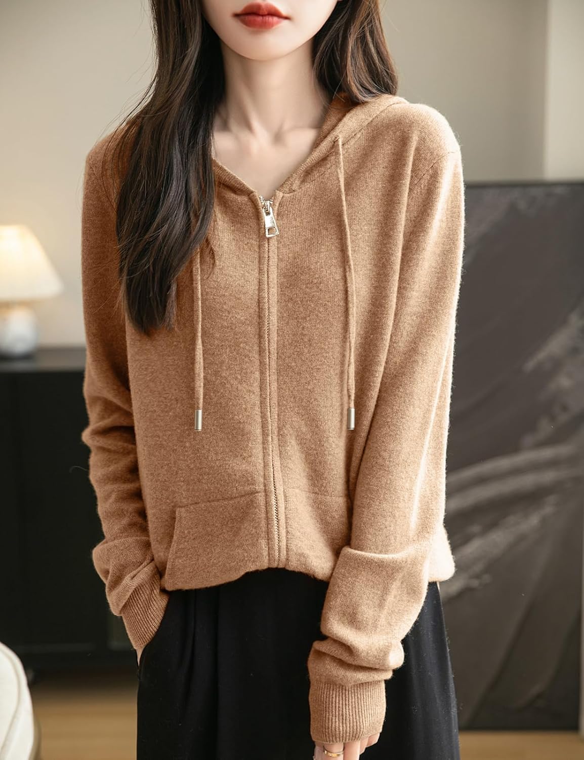 Women's warm merino wool zip up hooded cardigan with pockets in khaki
