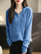 Women's warm merino wool zip up hooded cardigan with pockets