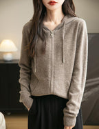 Women's warm merino wool zip up hooded cardigan with pockets in brown
