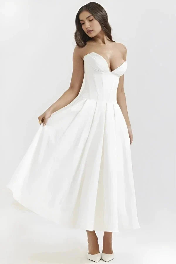 Strapless Boned Corset Midi Dress Voluminous Skirt