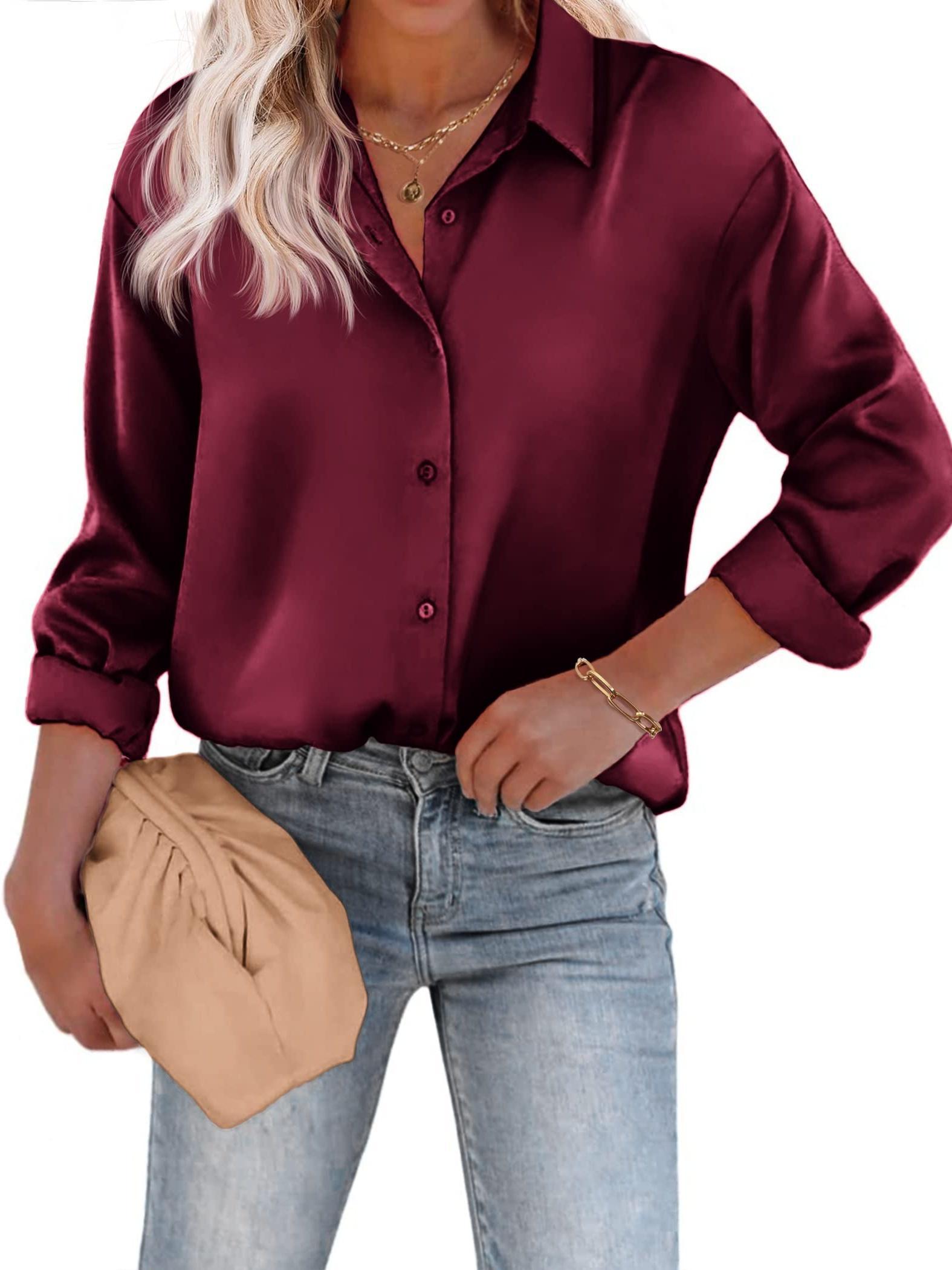 Long Sleeve Satin Button-Up Shirt